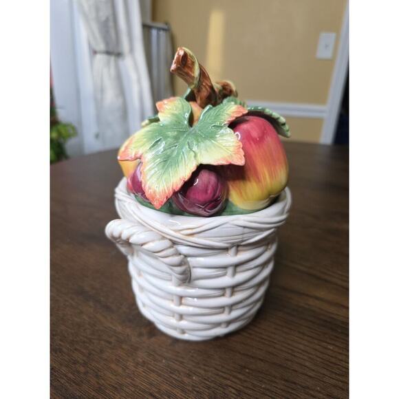 Fitz & Floyd Basket Weave Cookie Jar / Canister - Apple Plums Pear Grape 9 X 7 - Picture 2 of 16